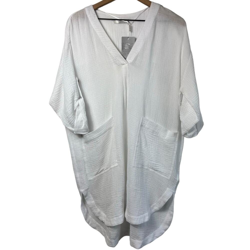 SEAFOLLY WOMEN'S V-NECK COVER UP DRESS WITH ROLL SLEEVES SIZE SMALL WHITE NWT